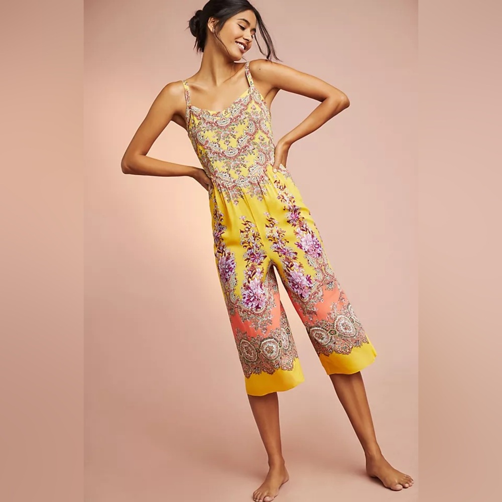 Anthropologie Vibrant Yellow and Red Floral Jumpsuit